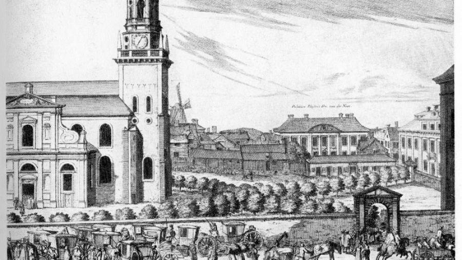 I bakgrunden skymtar van der Nootska palatset och hörnet av det som blev Bellmansgatan